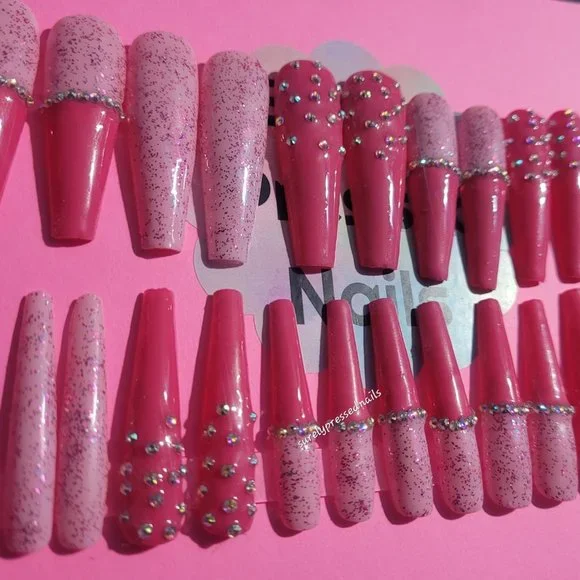 Two-Tone Pinks Shimmer Rhinestone Ballerina Press on Nails - Picture 4 of 4